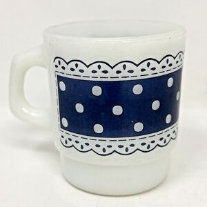 VTG Fire King Anchor Hocking Milk Glass Navy Blue White Polka Dot Lace Cup Mug